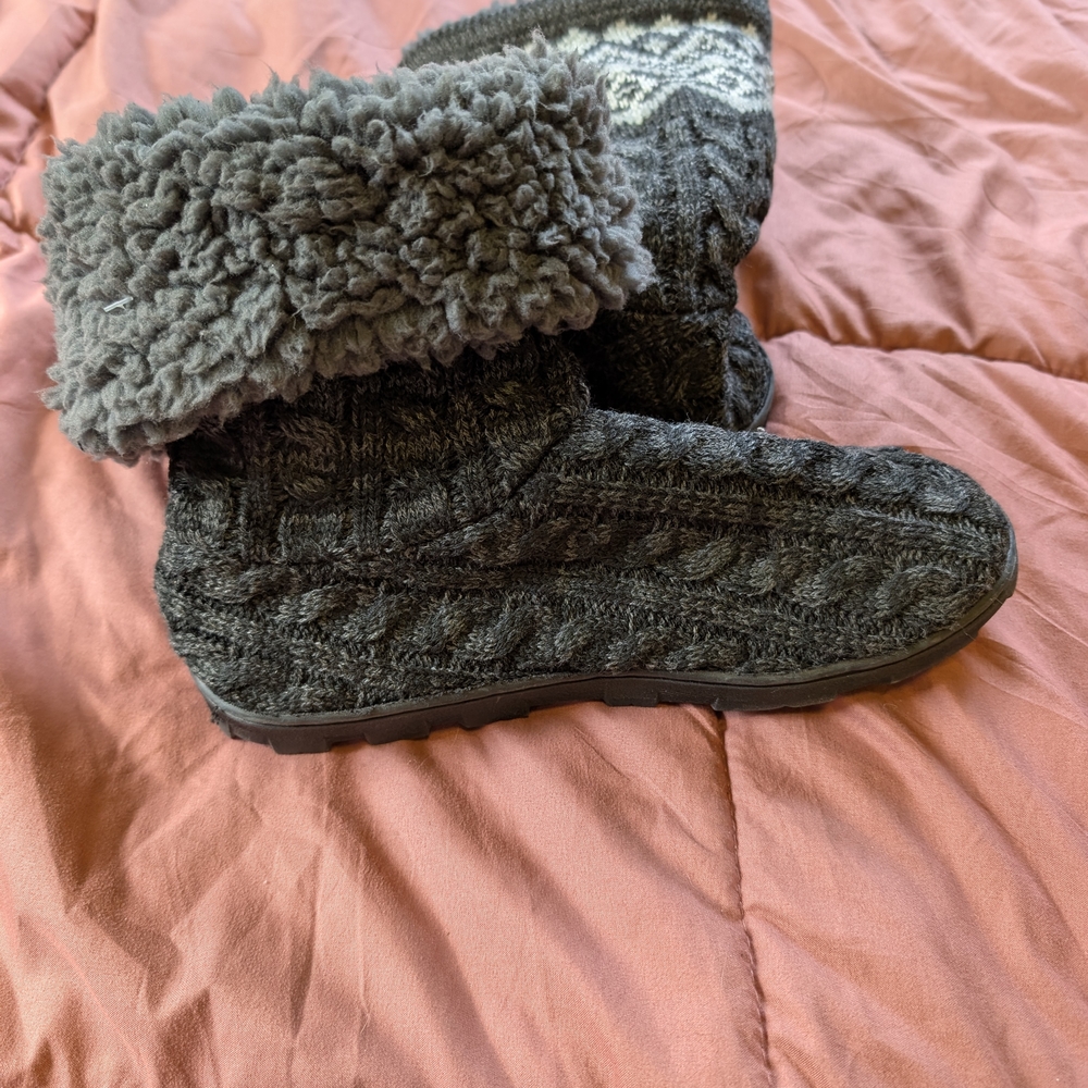 Muk Luks Charcoal Knit Slipper Boots with Plush Cuff